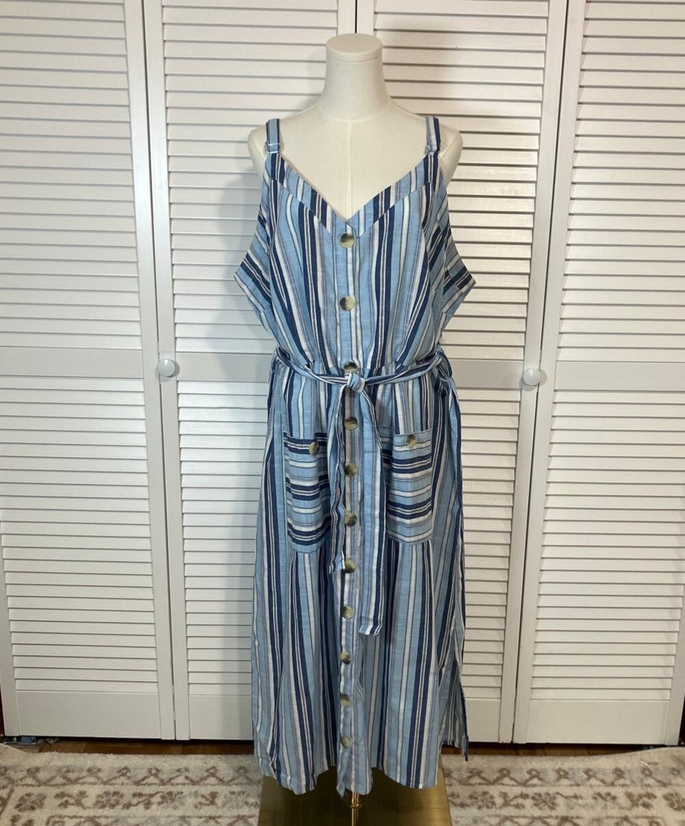 Mlle Gabrielle Boho Cottage Blue Striped Pockets Midi Dress 3X